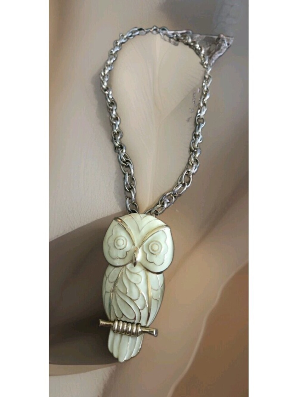 White Gold Trim Enamel Wise Owl 3”T Pendant On 20” Goldtone Link Chain Necklace